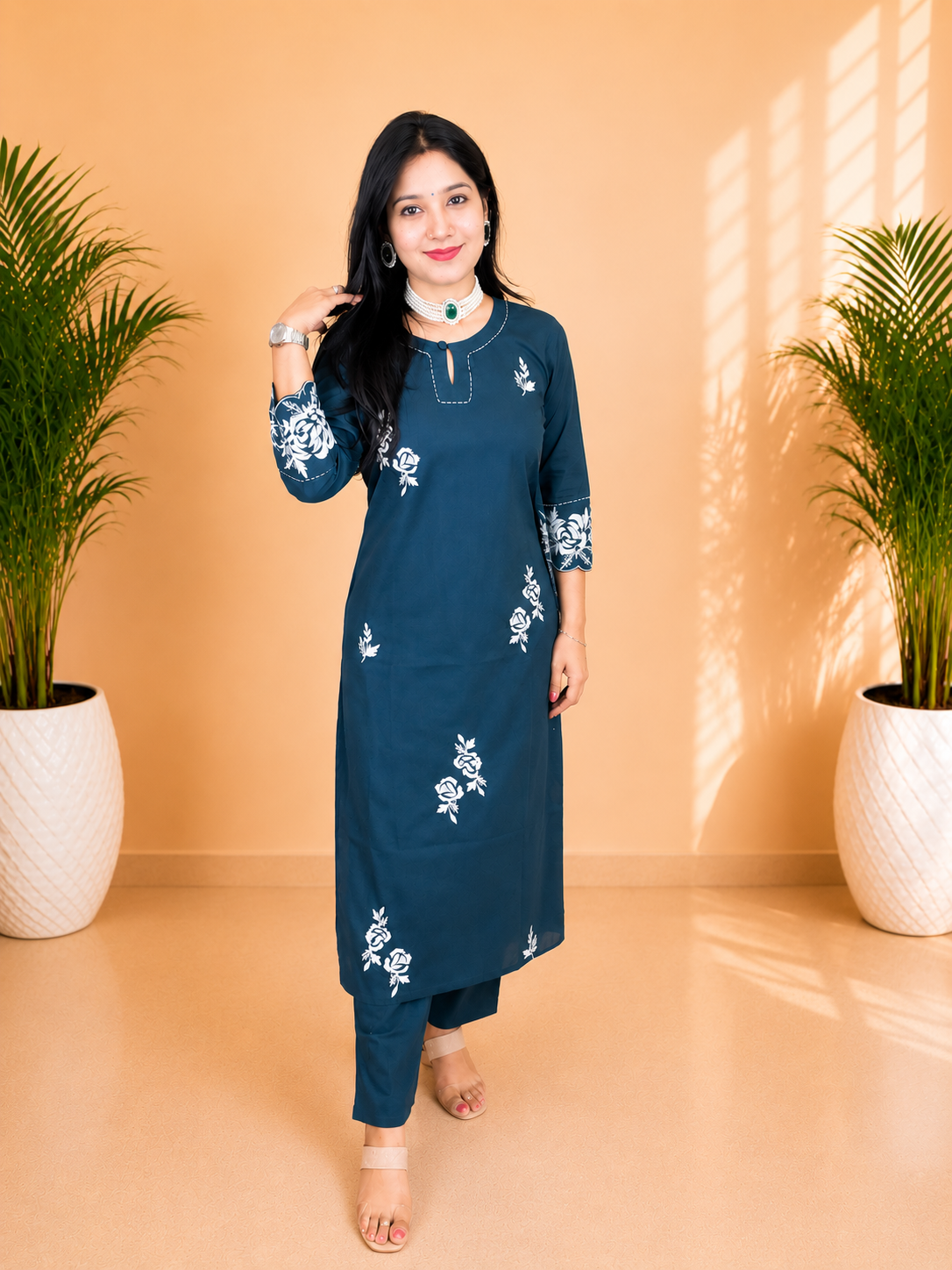 Peacock Green Cotton Embroidered Suit Set