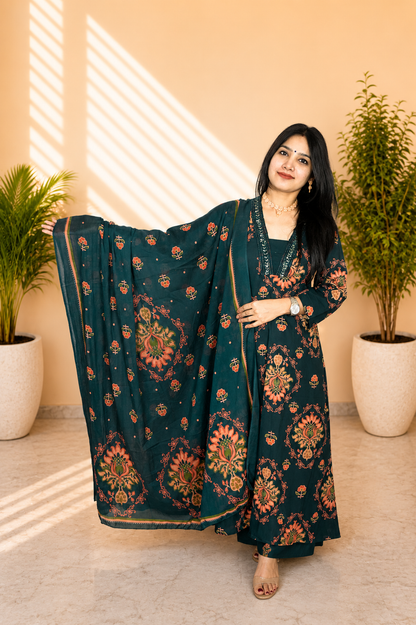 Women Dark Teal Printed A-Line Kurta Set with Dupatta
