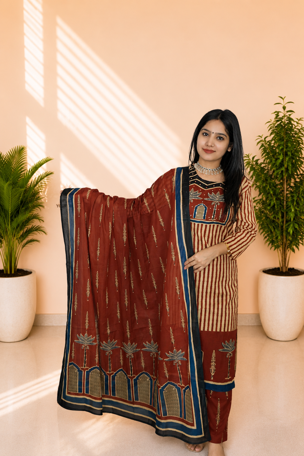 Women’s Maroon Printed Cotton Kurta Set With Dupatta