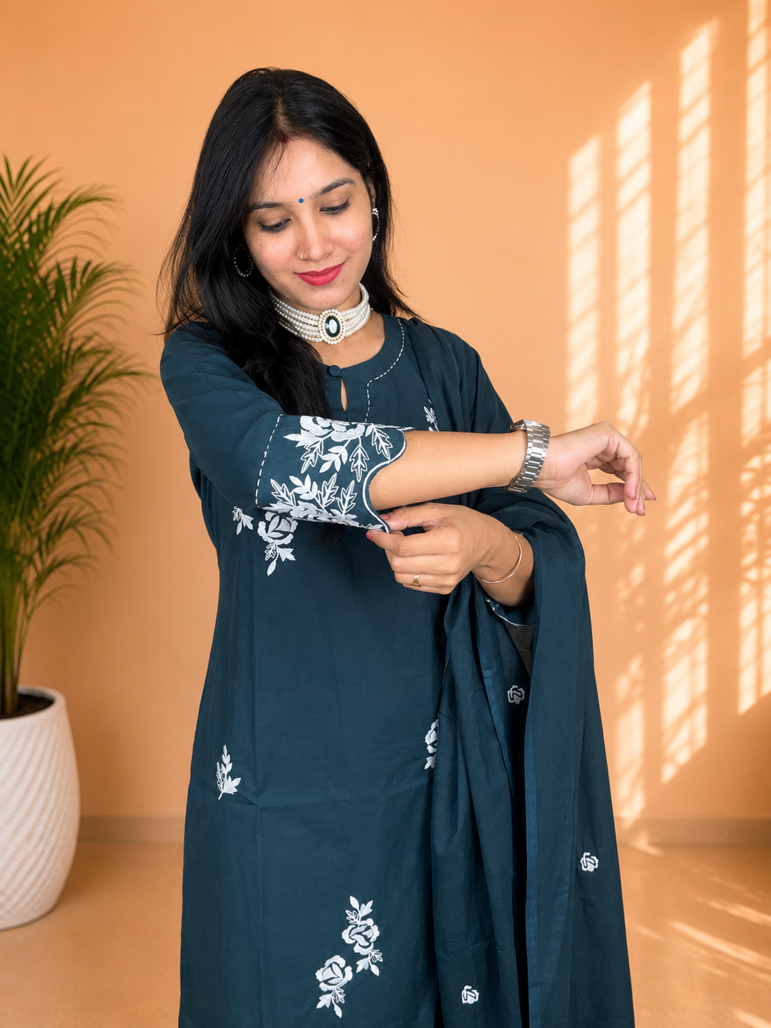 Peacock Green Cotton Embroidered Suit Set