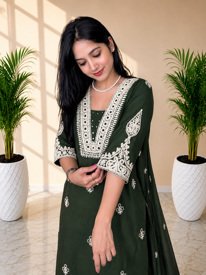 Party Wear Embroidered Cotton Suit with Mirror Work | Women’s Kurta Pant Dupatta Set