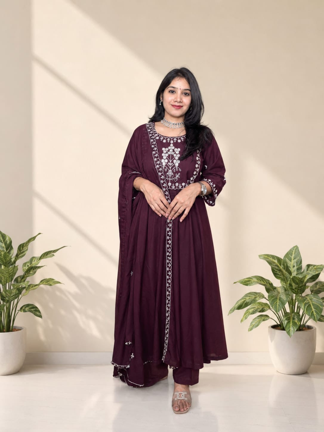 Wine Embroidered Anarkali Kurta Suit Set