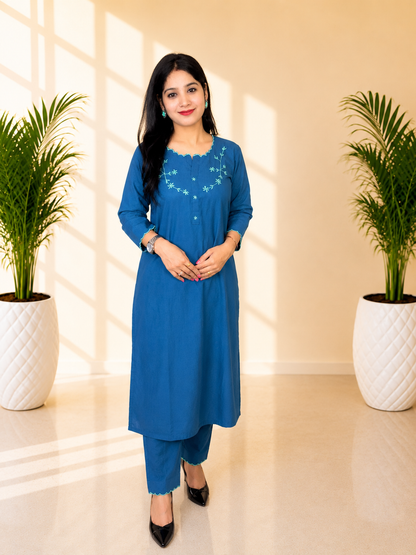 Premium Flex Cotton Embroidered Kurta Pant Set with Digital Print Dupatta