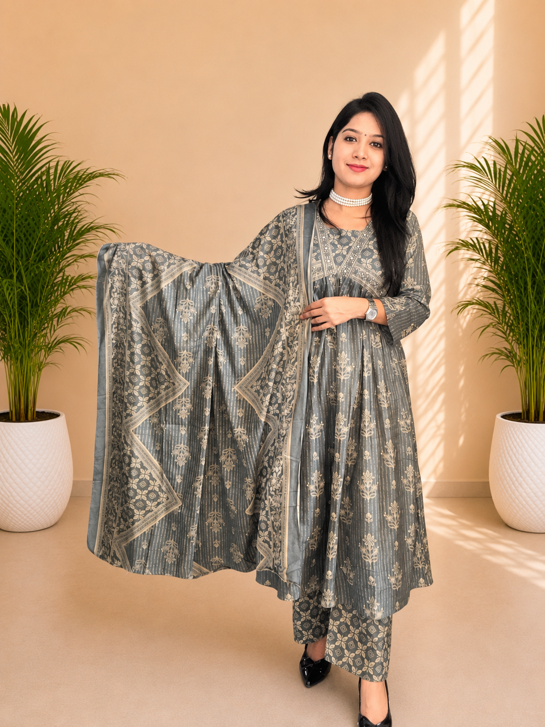 Dusty Blue Gathered Frock Style Suit Set