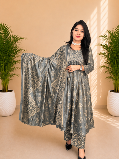 Dusty Blue Gathered Frock Style Suit Set