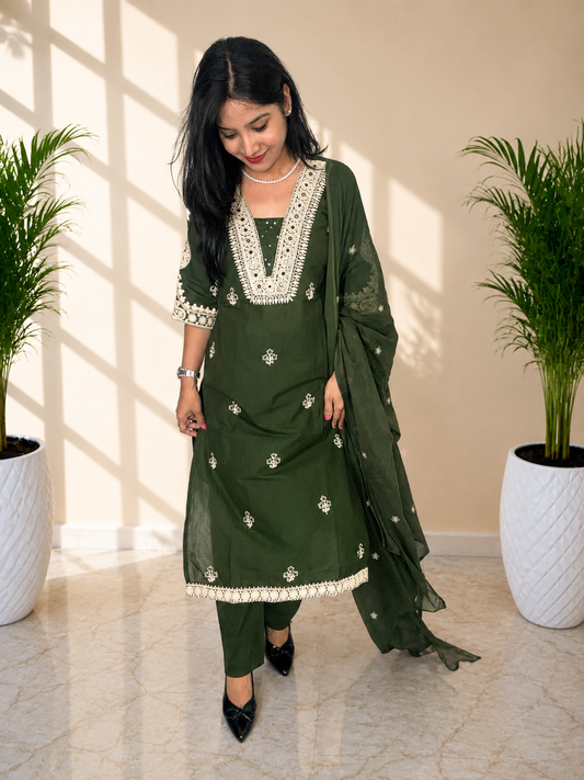 Party Wear Embroidered Cotton Suit with Mirror Work | Women’s Kurta Pant Dupatta Set