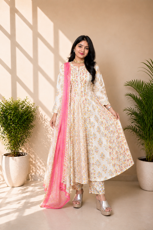 Cream Floral Front Cut Anarkali Set with Pink Dupatta