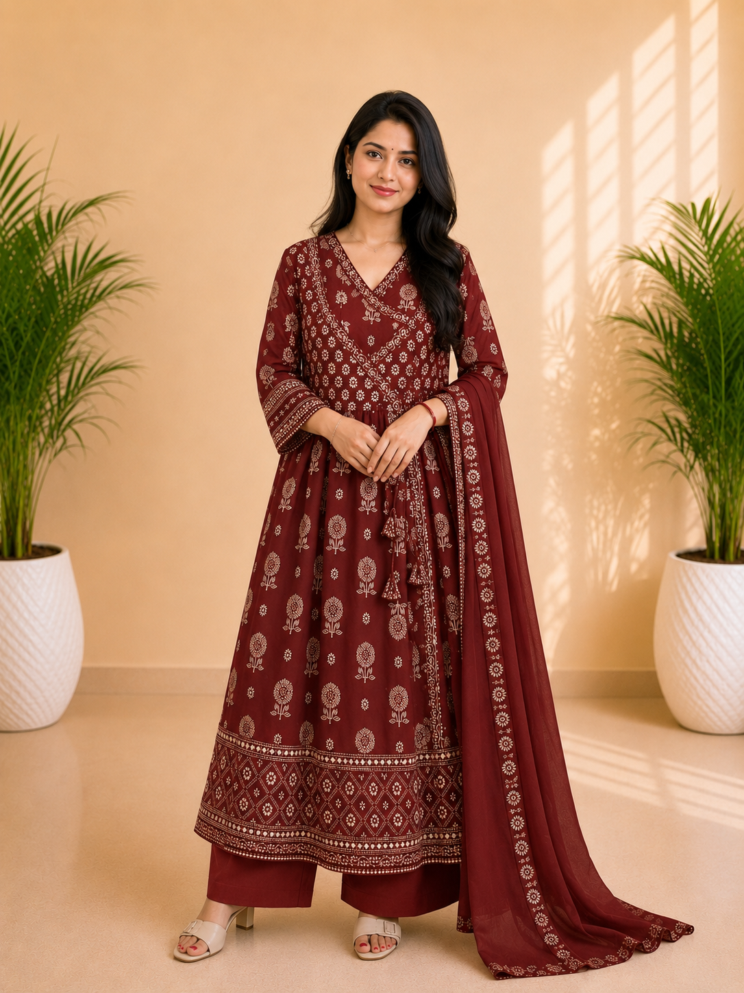 Cotton Printed Angrakha Anarkali Suit Set