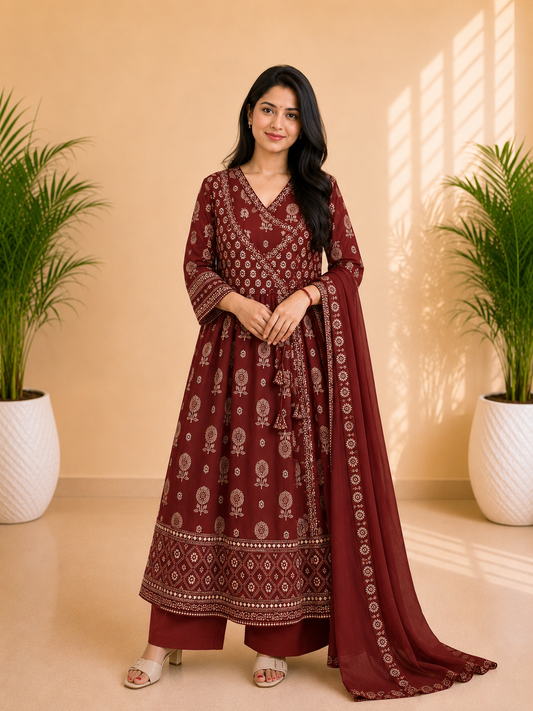 Cotton Printed Angrakha Anarkali Suit Set