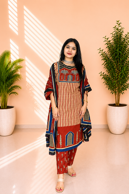 Women’s Maroon Printed Cotton Kurta Set With Dupatta