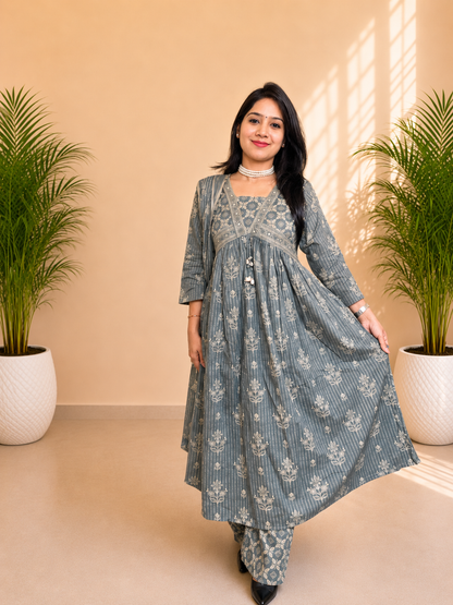Dusty Blue Gathered Frock Style Suit Set