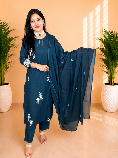 Peacock Green Cotton Embroidered Suit Set