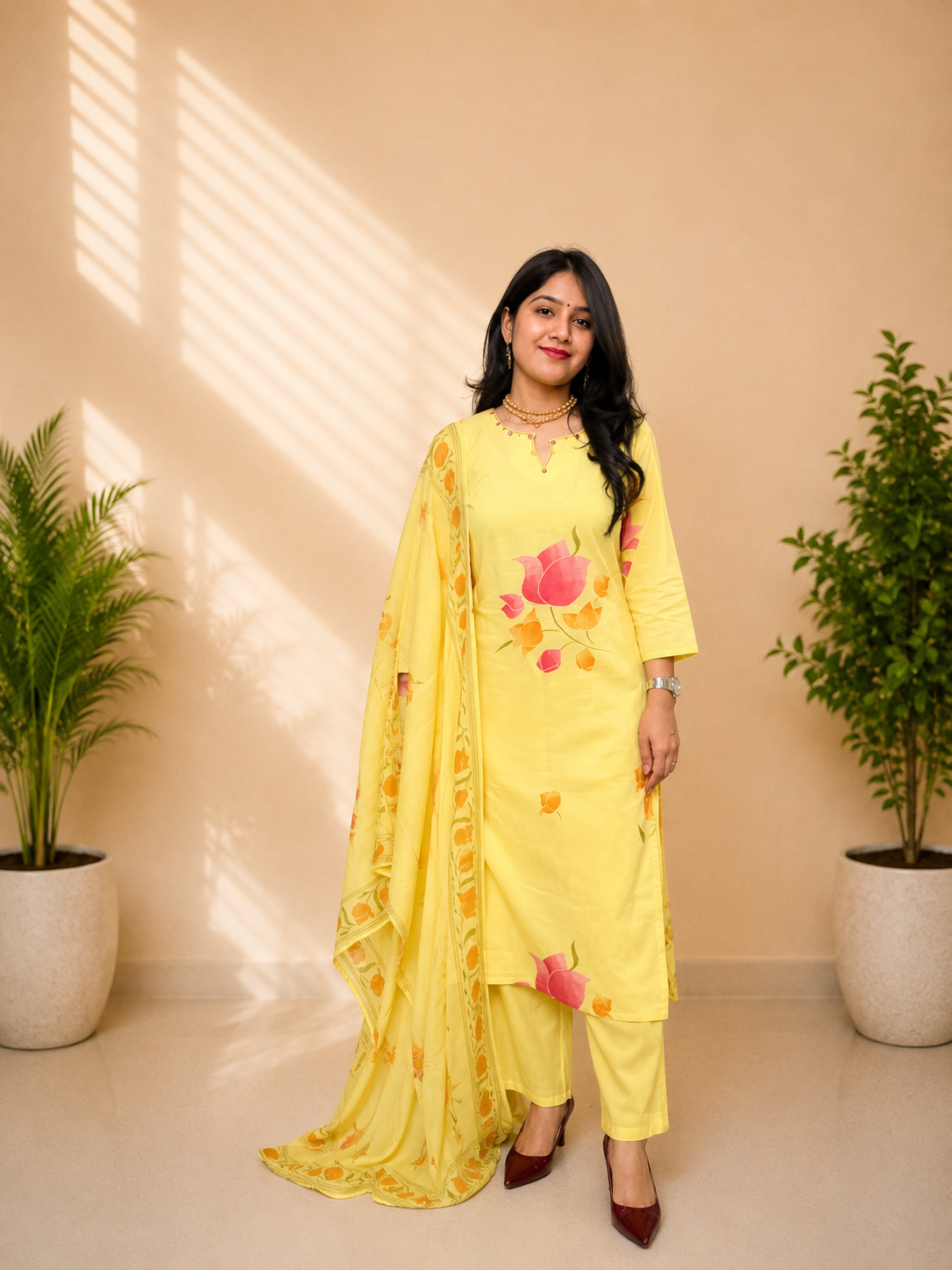 Lemon Yellow Floral Print Pure Cotton Suit Set With Dupatta