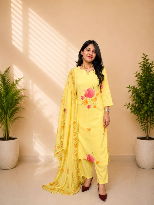 Lemon Yellow Floral Print Pure Cotton Suit Set With Dupatta
