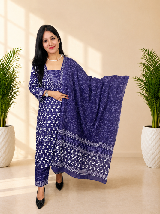 Purple Pure Cotton Printed Kurta Pant Dupatta Set | Women’s Ethnic Wear