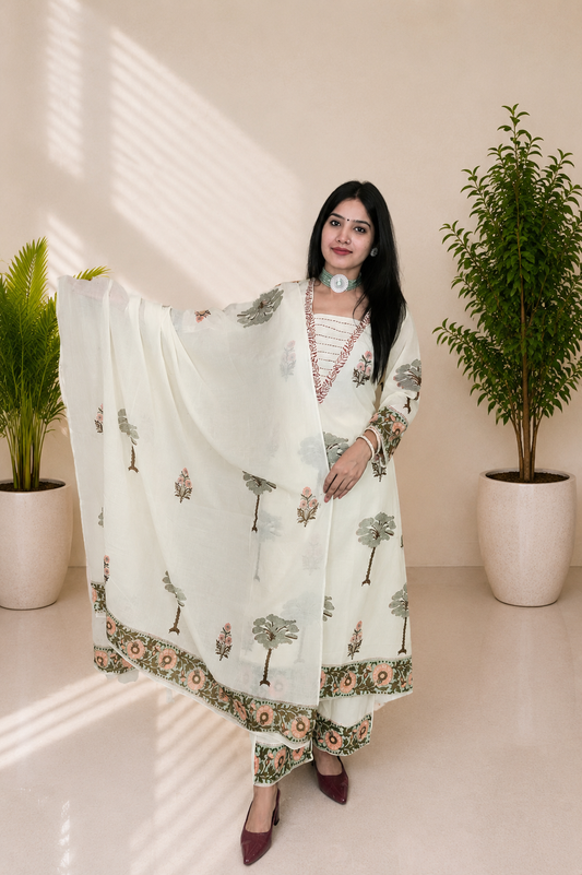 Women’s Premium Mul Cotton Hand Block Printed A-Line Kurta Set
