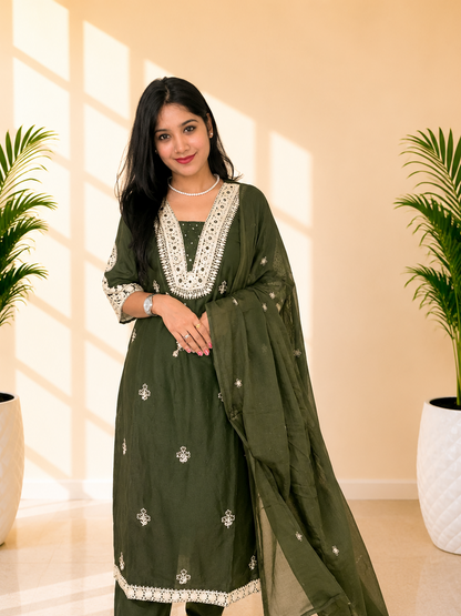 Party Wear Embroidered Cotton Suit with Mirror Work | Women’s Kurta Pant Dupatta Set