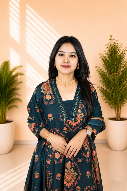 Women Dark Teal Printed A-Line Kurta Set with Dupatta