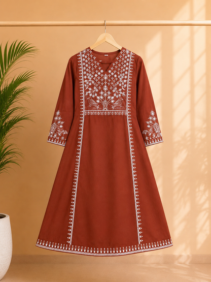 Rust Elegance Embroidered A-Line Suit Set