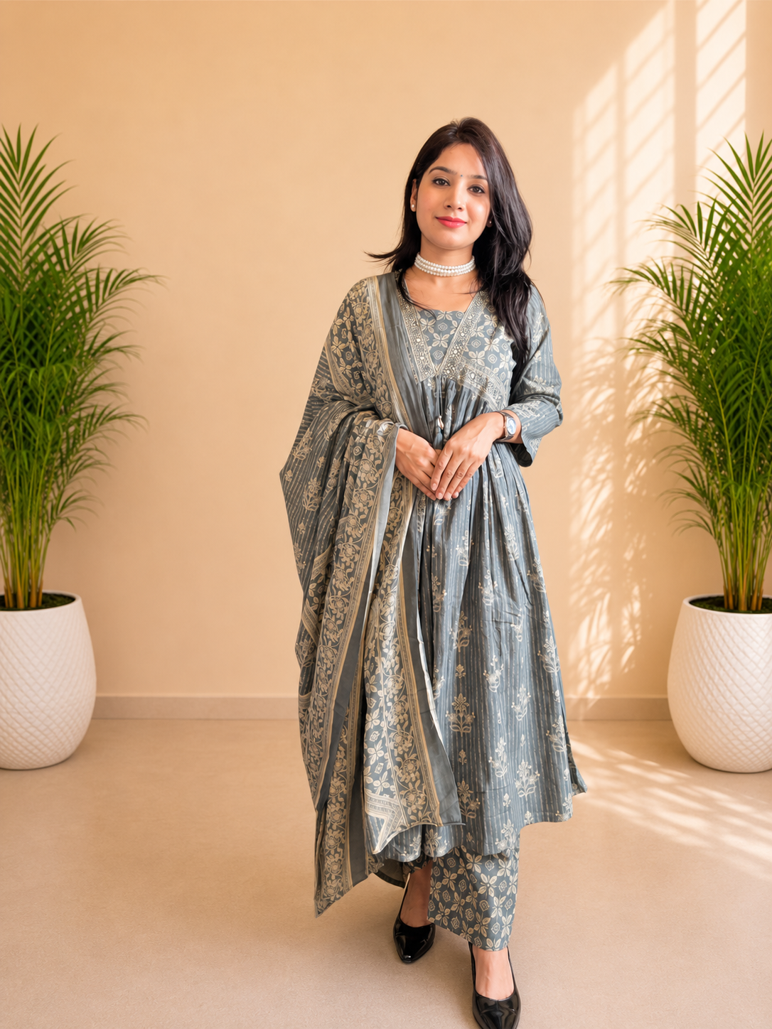 Dusty Blue Gathered Frock Style Suit Set
