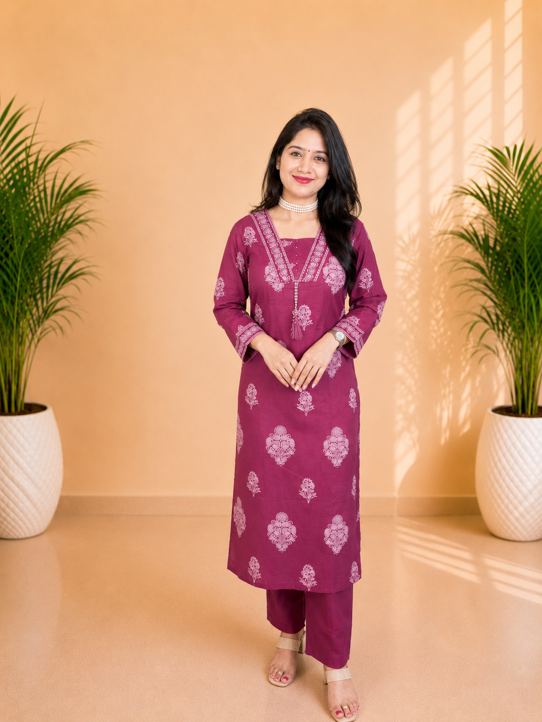 Wine Pink Cotton Straight Cut Suit Set