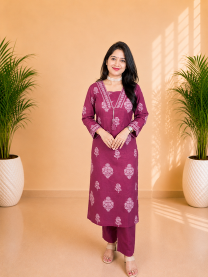 Wine Pink Cotton Straight Cut Suit Set