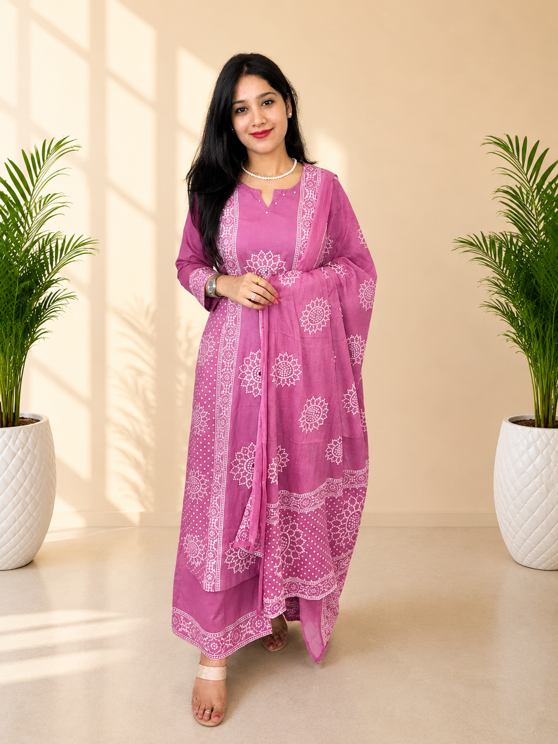 Pink Pure Cotton Bandhej Print Mirror Work Palazzo Suit Set with Dupatta | Women’s Ethnic Wear