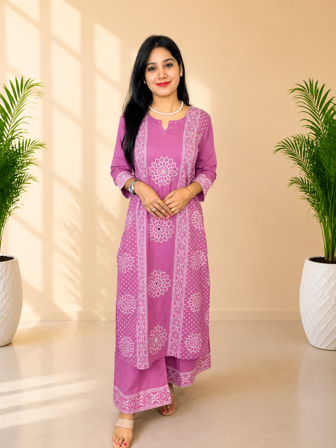 Pink Pure Cotton Bandhej Print Mirror Work Palazzo Suit Set with Dupatta | Women’s Ethnic Wear
