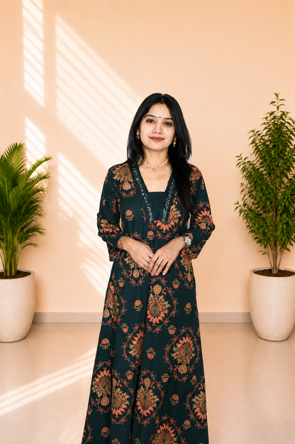 Women Dark Teal Printed A-Line Kurta Set with Dupatta