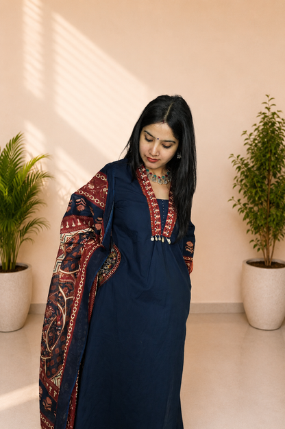 Navy Blue Designer Cotton Kurti Pant Dupatta Set for Women