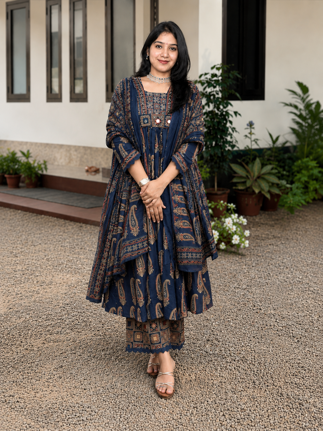 Navy Blue Ajrakh Printed Cotton Suit Set