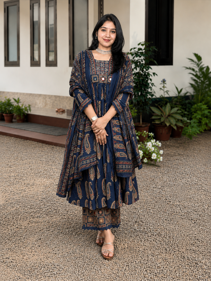 Navy Blue Ajrakh Printed Cotton Suit Set