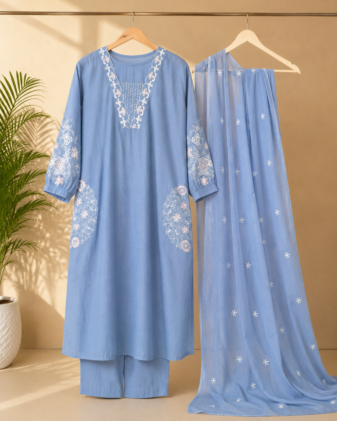 Embroidered A-Line Suit Set with Both Side Pockets