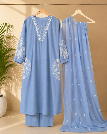 Embroidered A-Line Suit Set with Both Side Pockets