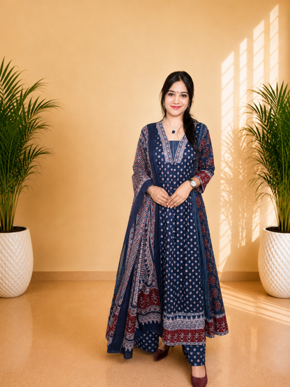 Blue Pure Cotton Printed Anarkali Suit Set