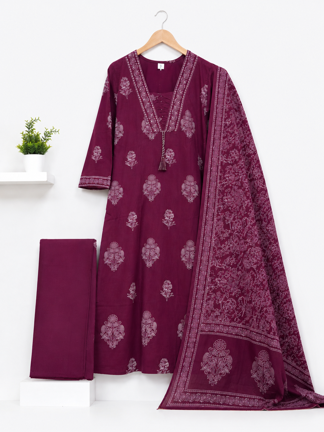 Wine Pink Cotton Straight Cut Suit Set
