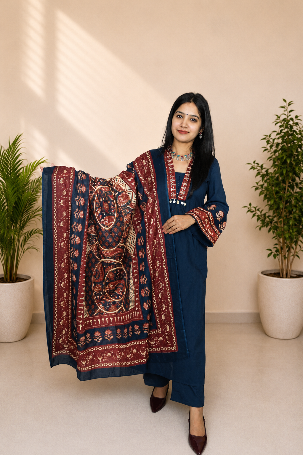 Navy Blue Designer Cotton Kurti Pant Dupatta Set for Women