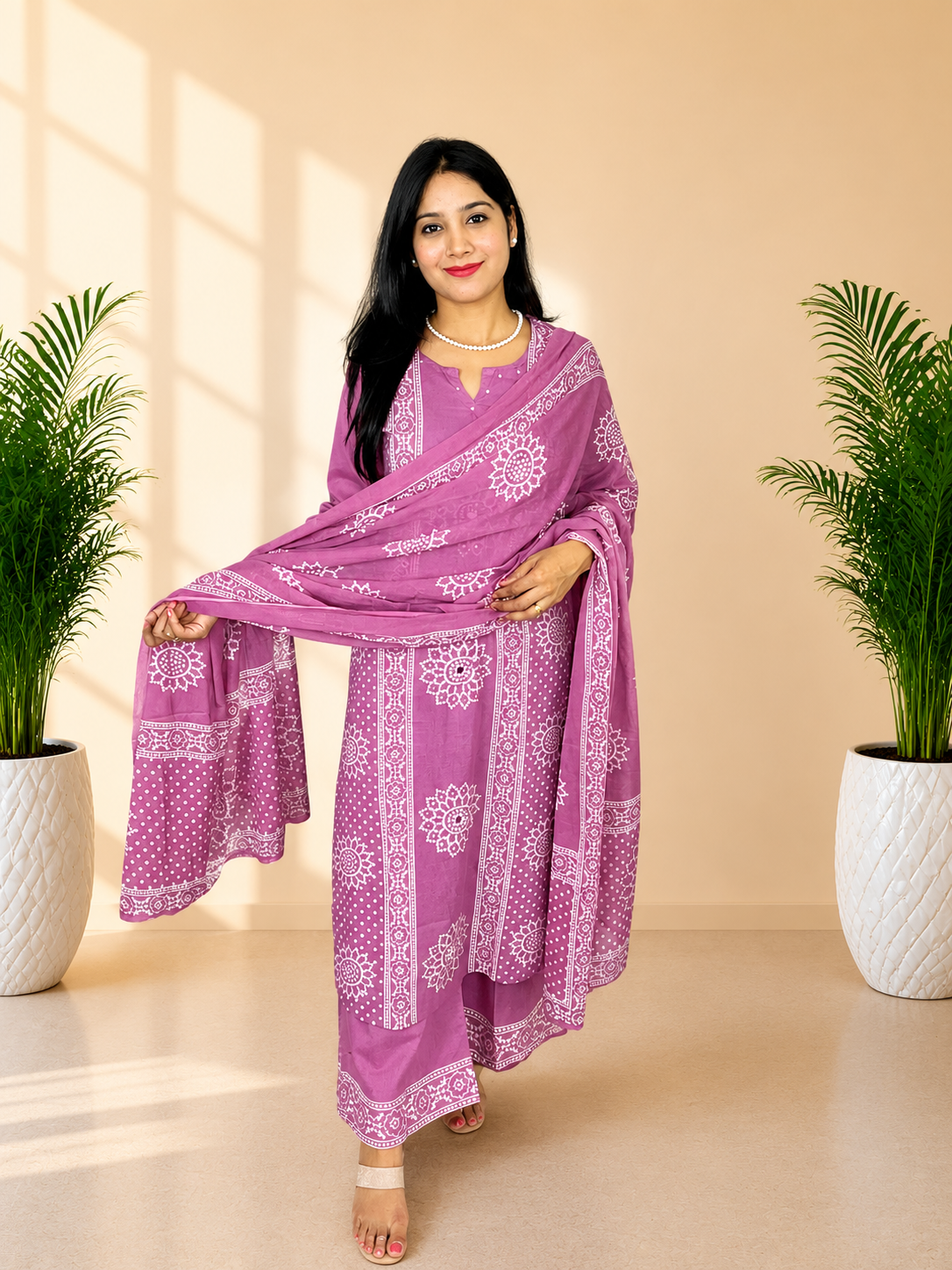Pink Pure Cotton Bandhej Print Mirror Work Palazzo Suit Set with Dupatta | Women’s Ethnic Wear