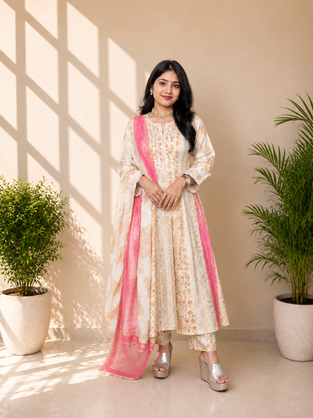 Cream Floral Front Cut Anarkali Set with Pink Dupatta