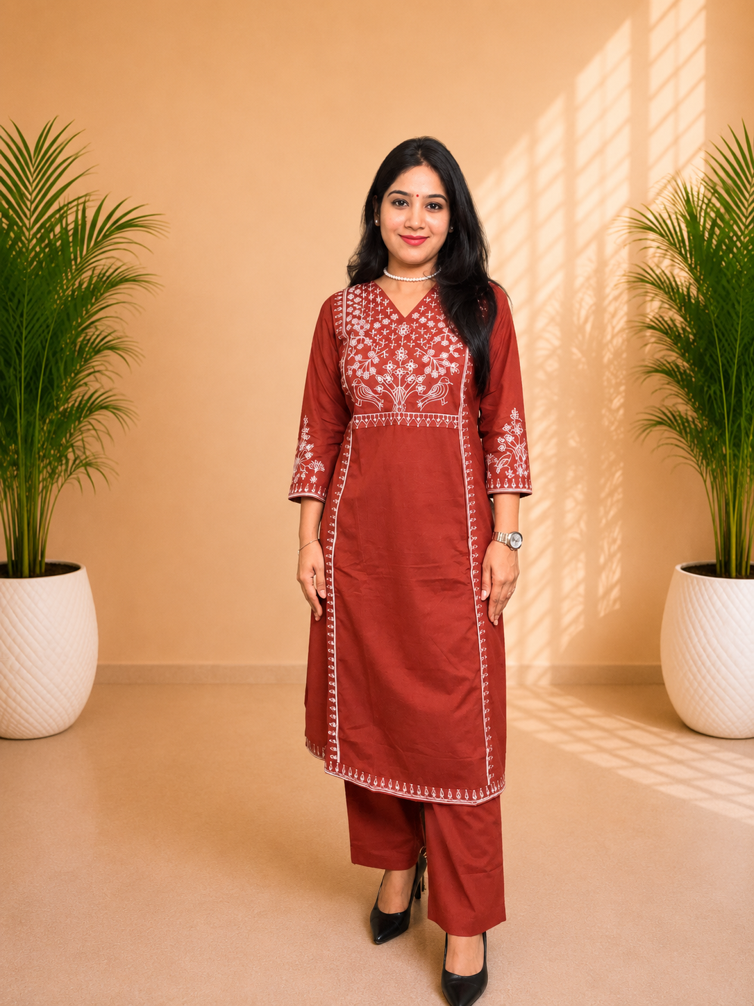 Rust Elegance Embroidered A-Line Suit Set