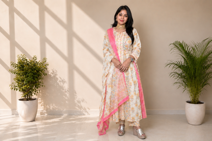 Cream Floral Front Cut Anarkali Set with Pink Dupatta