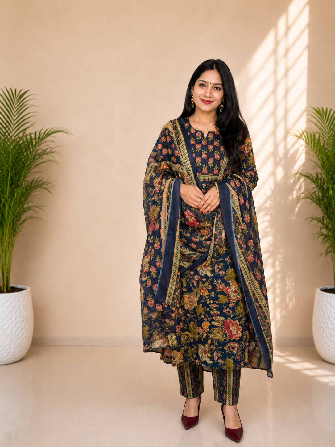 Navy Blue Floral Print Cotton Kurta Pant Dupatta Set