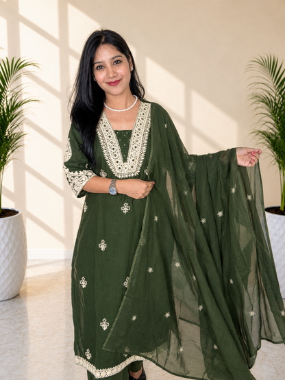 Party Wear Embroidered Cotton Suit with Mirror Work | Women’s Kurta Pant Dupatta Set
