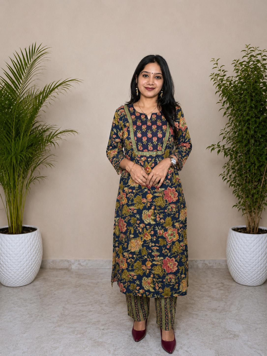 Navy Blue Floral Print Cotton Kurta Pant Dupatta Set