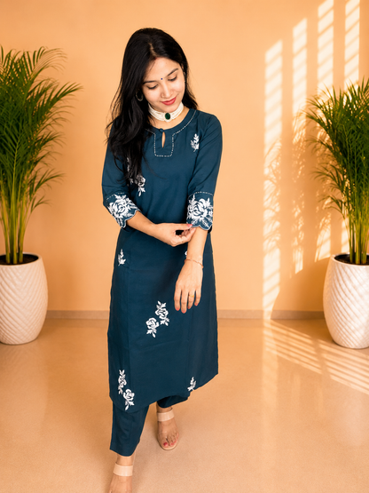 Peacock Green Cotton Embroidered Suit Set