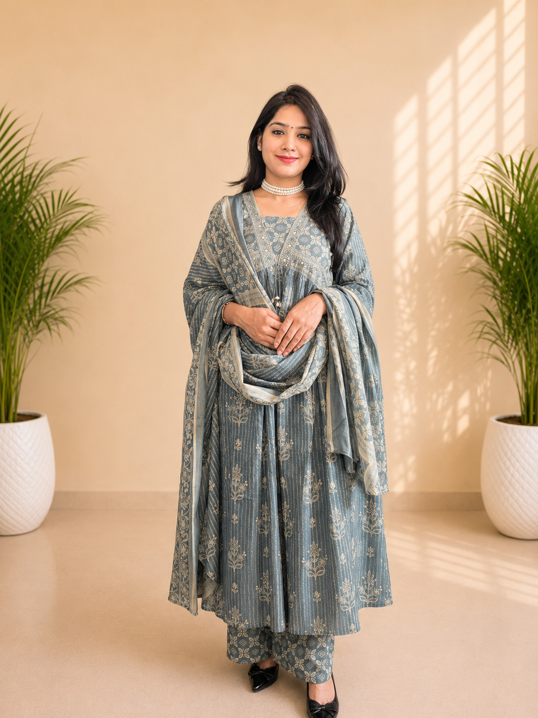 Dusty Blue Gathered Frock Style Suit Set