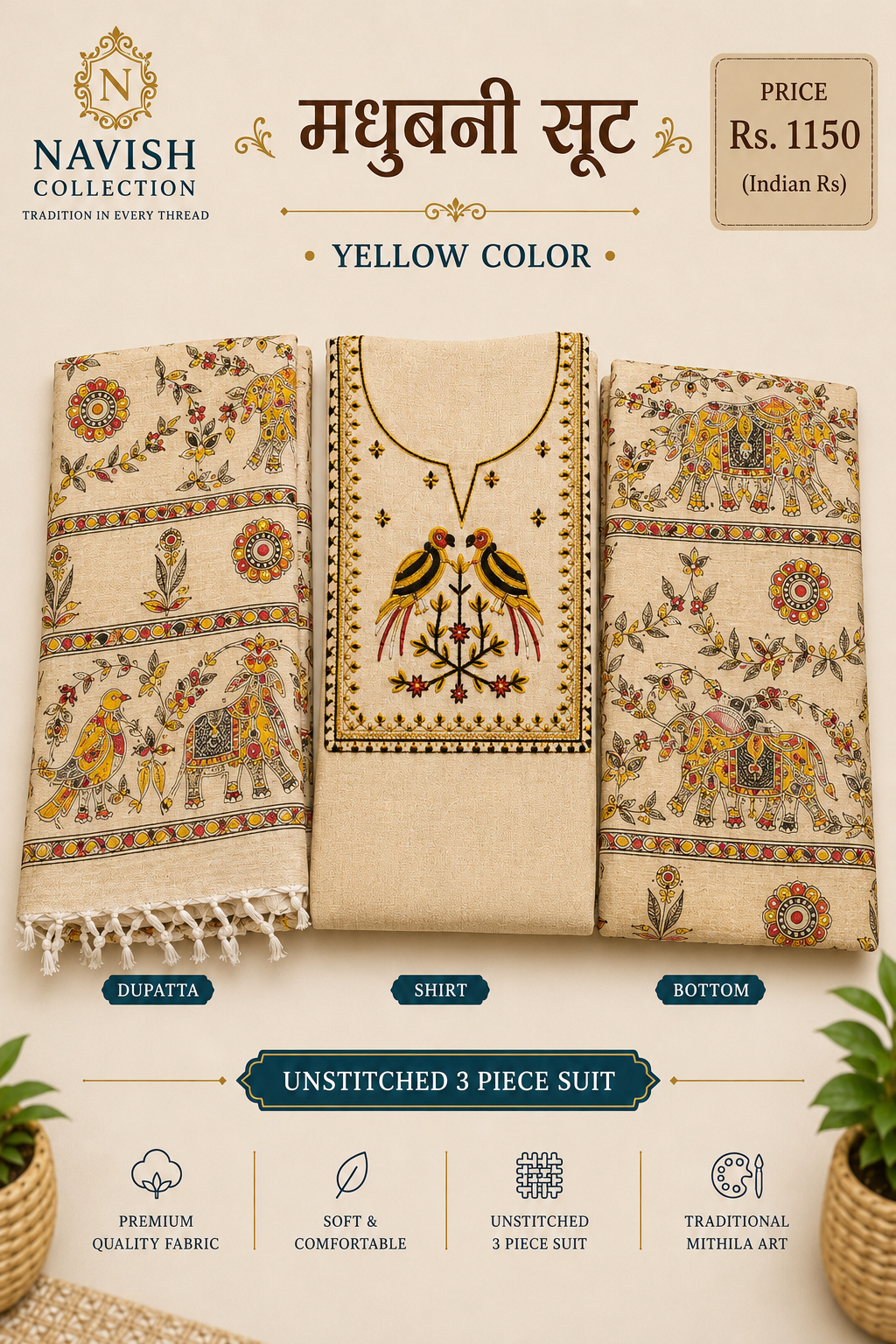 Navish Collection Madhubani Embroidered Cotton Linen Unstitched Suit Set (3 Piece)