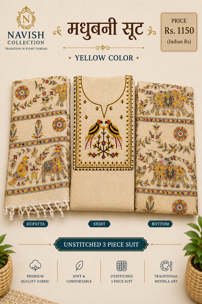 Navish Collection Madhubani Embroidered Cotton Linen Unstitched Suit Set (3 Piece)