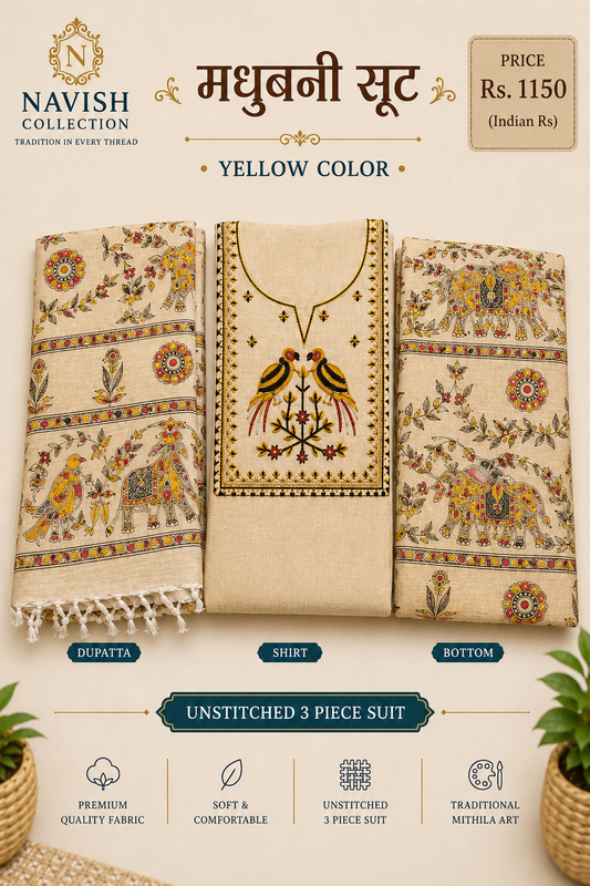 Navish Collection Madhubani Embroidered Cotton Linen Unstitched Suit Set (3 Piece)