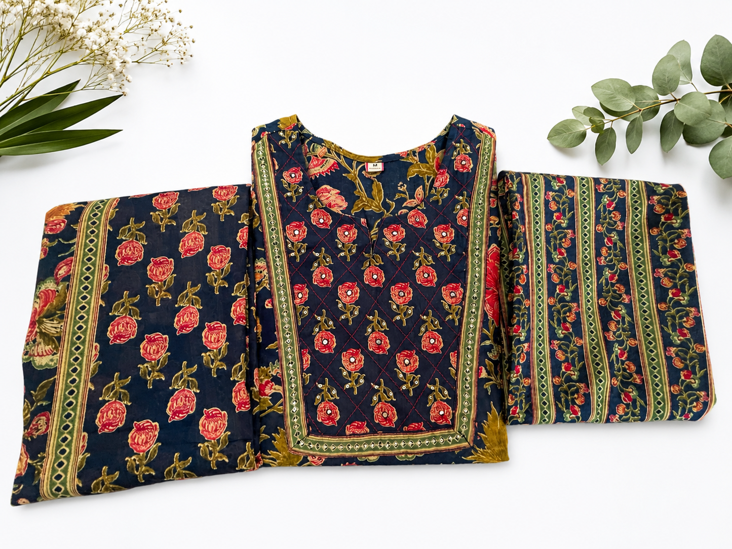 Navy Blue Floral Print Cotton Kurta Pant Dupatta Set